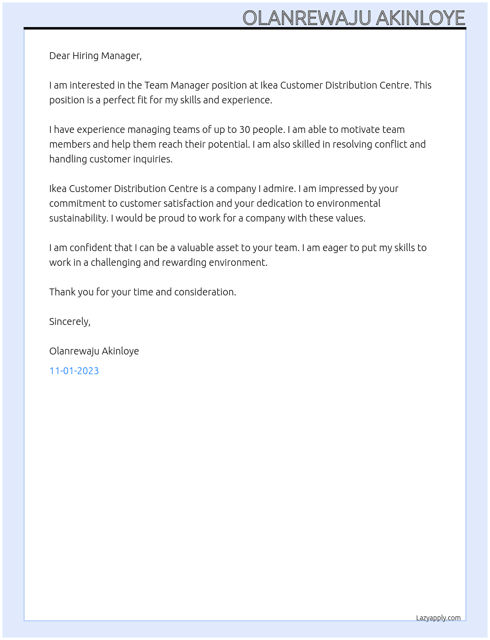 Team Manager At Ikea Customer Distribution Centre Cover Letter