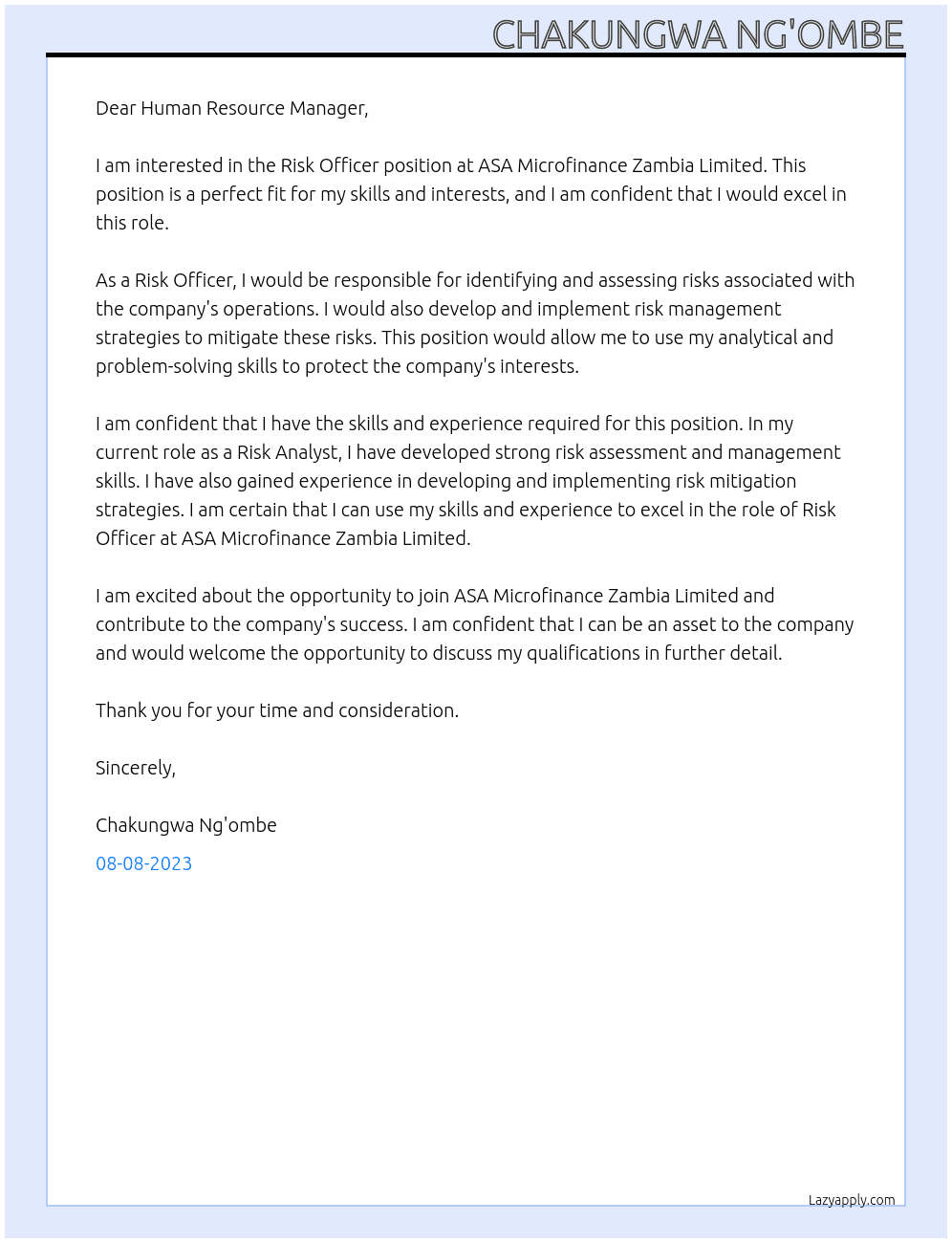 Risk Officer At ASA Microfinance Zambia Limited Cover Letter