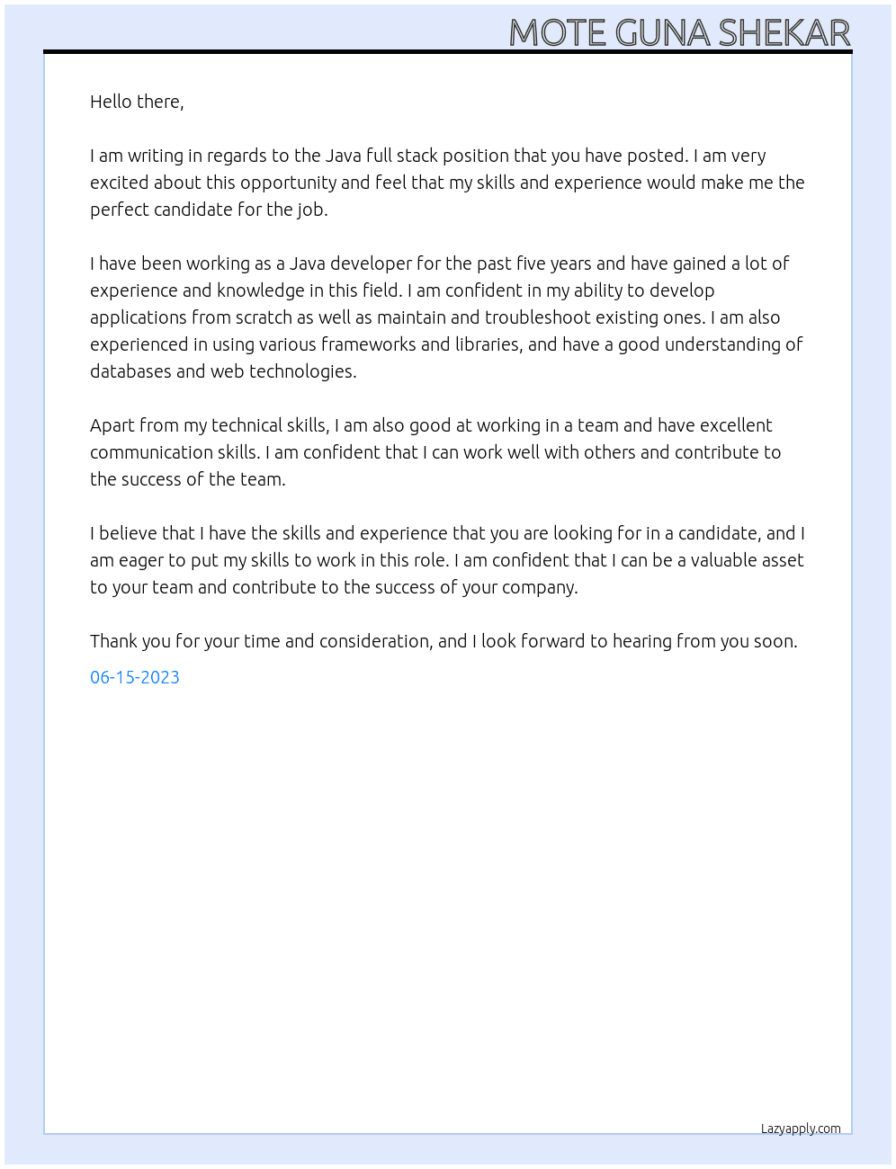 Java full stack At Centrio tech Cover Letter