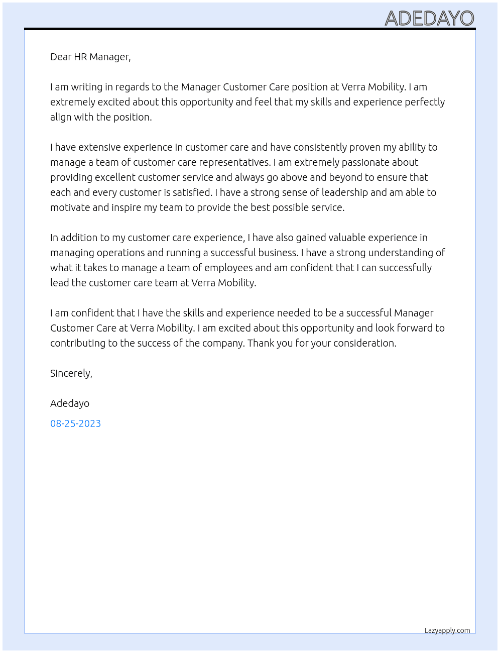 Manager Customer Care At Verra Mobility Cover Letter