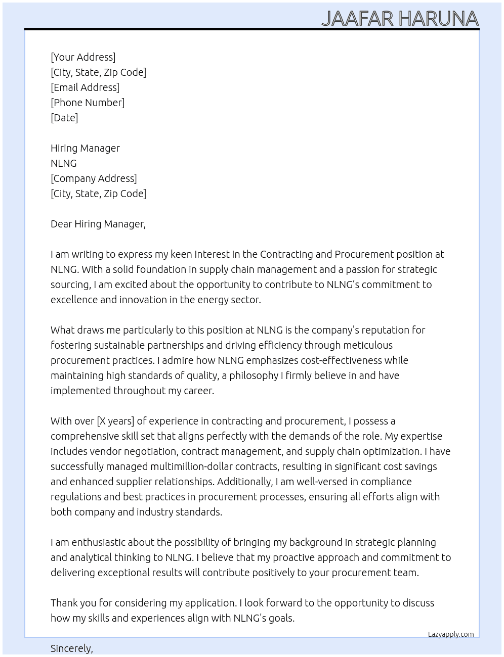 contracting and procurement At nlng Cover Letter