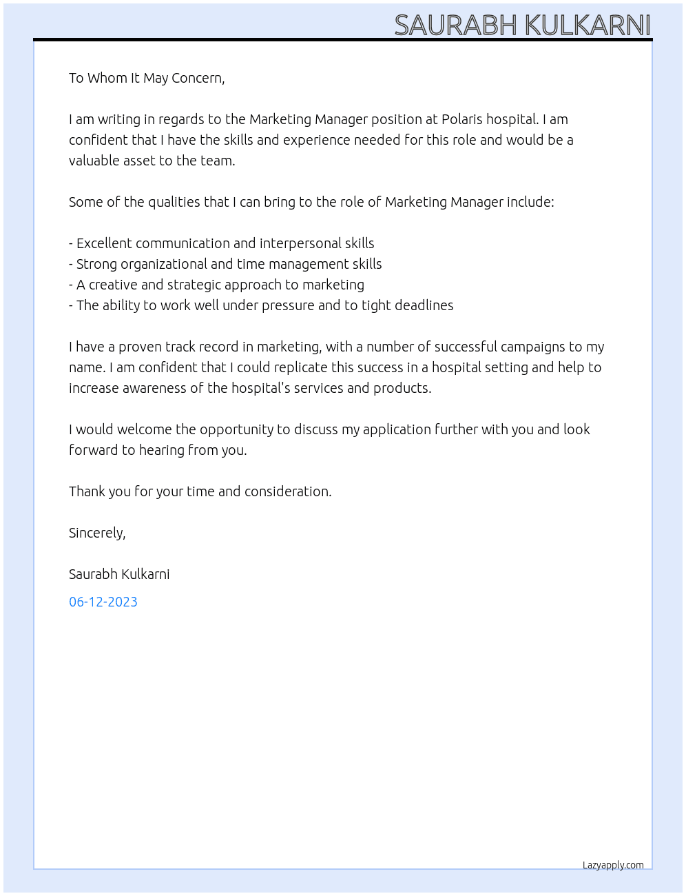 Marketing Manager At Polaris hospital Cover Letter