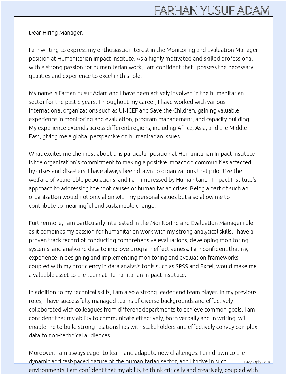 Monitoring and Evaluation Manager  At Humanitarian Impact Institute  Cover Letter