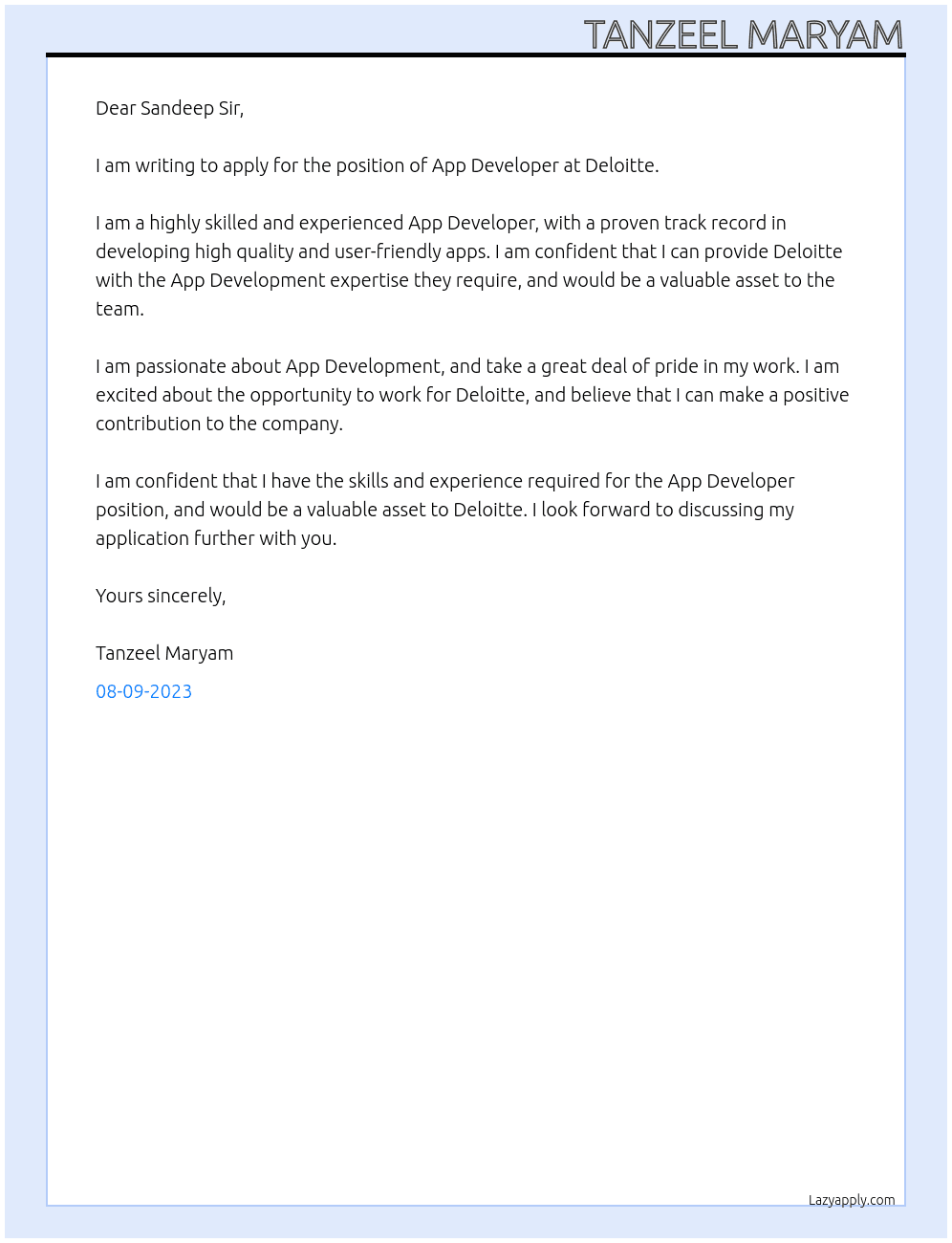 App Developer  At Deloitte Cover Letter