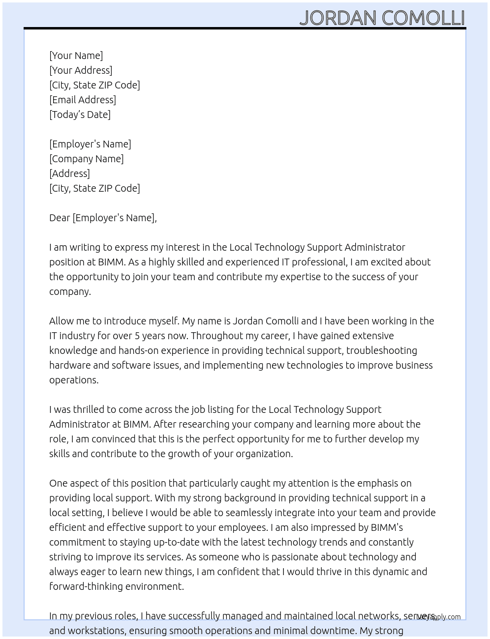 Local Technology Support Administrator At BIMM Cover Letter