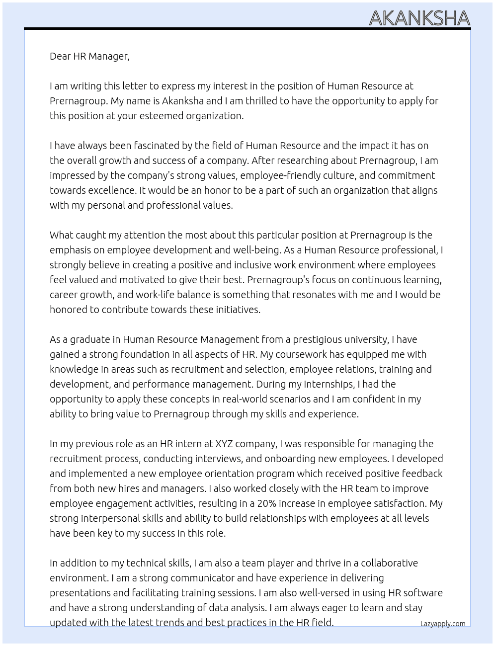 Humar resource At prernagroup. Cover Letter