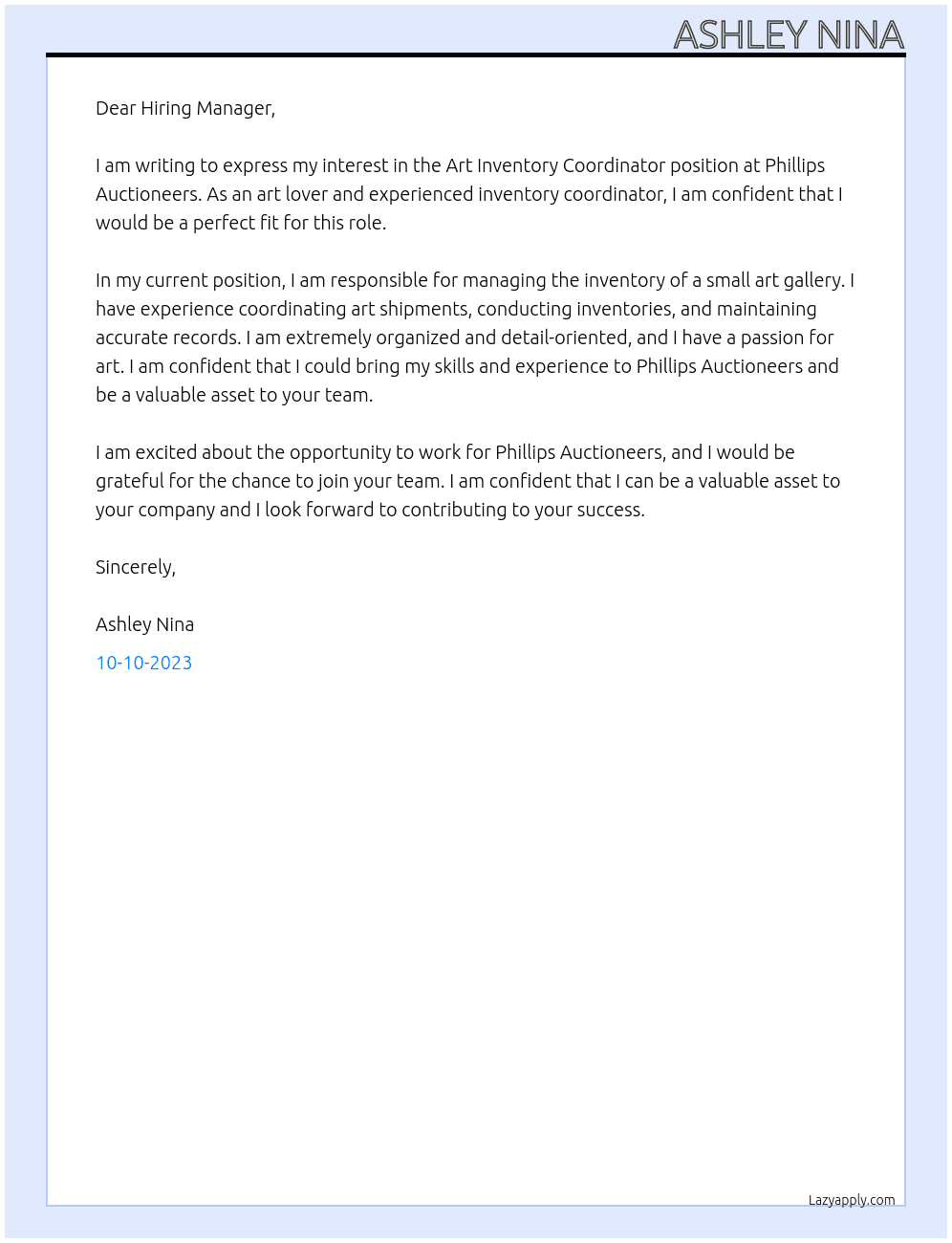 Art Inventory Coordinator At Phillips Auctioneers Cover Letter