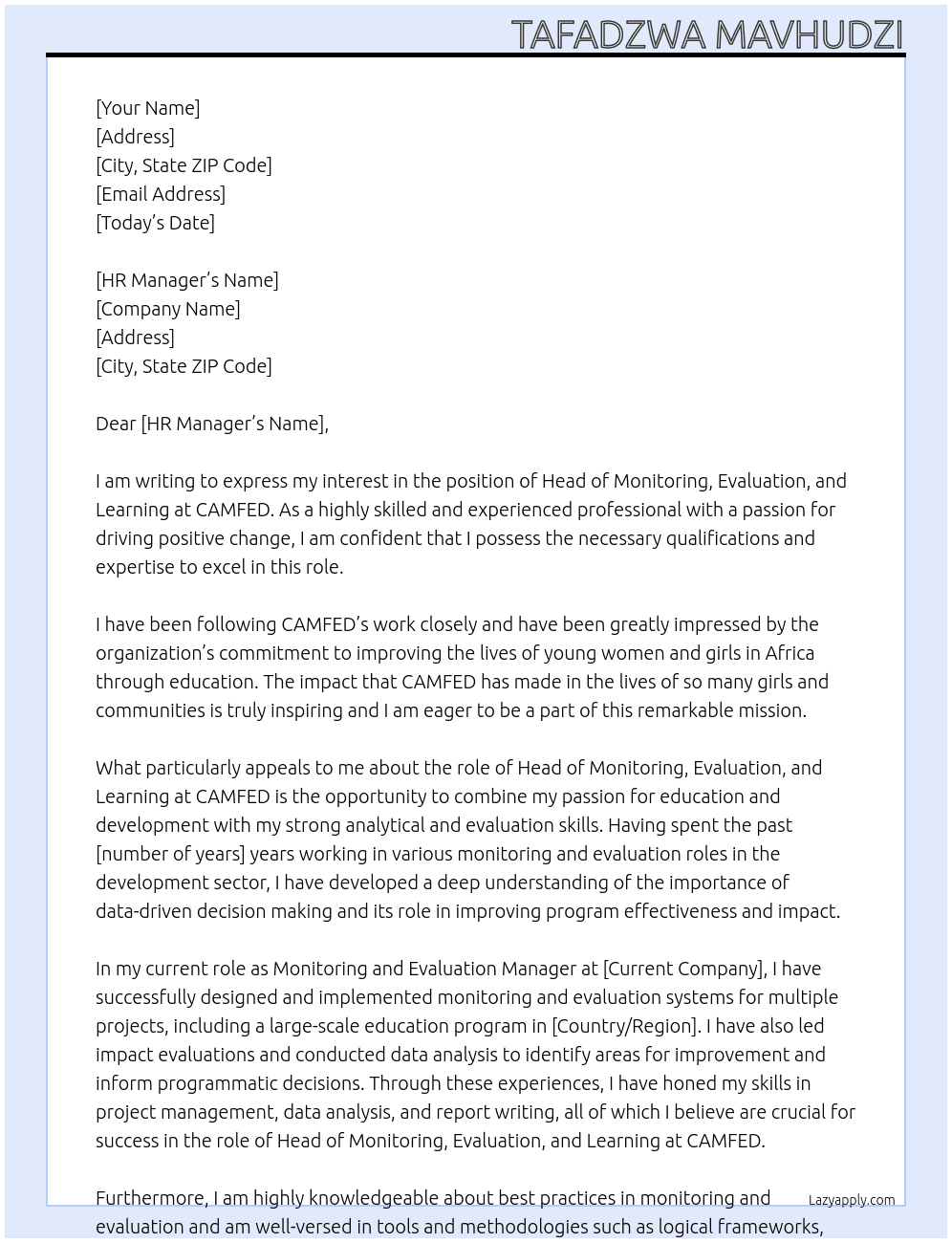 Head of Monitoring, Evaluation, and Learning At CAMFED Cover Letter