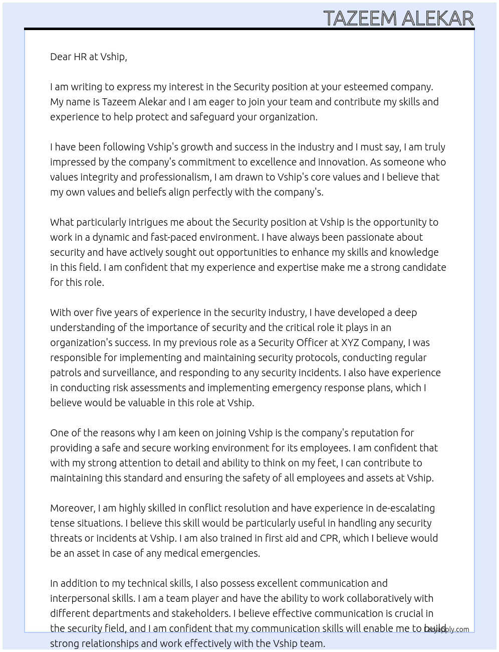 Security At vship Cover Letter