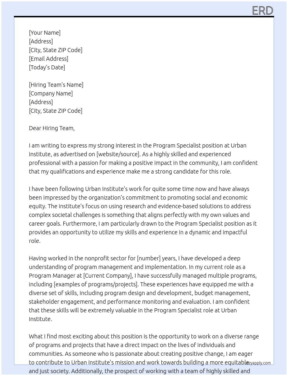 Program Specialist At Urban Institute Cover Letter