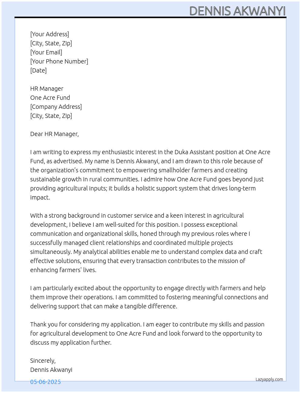Duka assistant job At One acre fund  Cover Letter