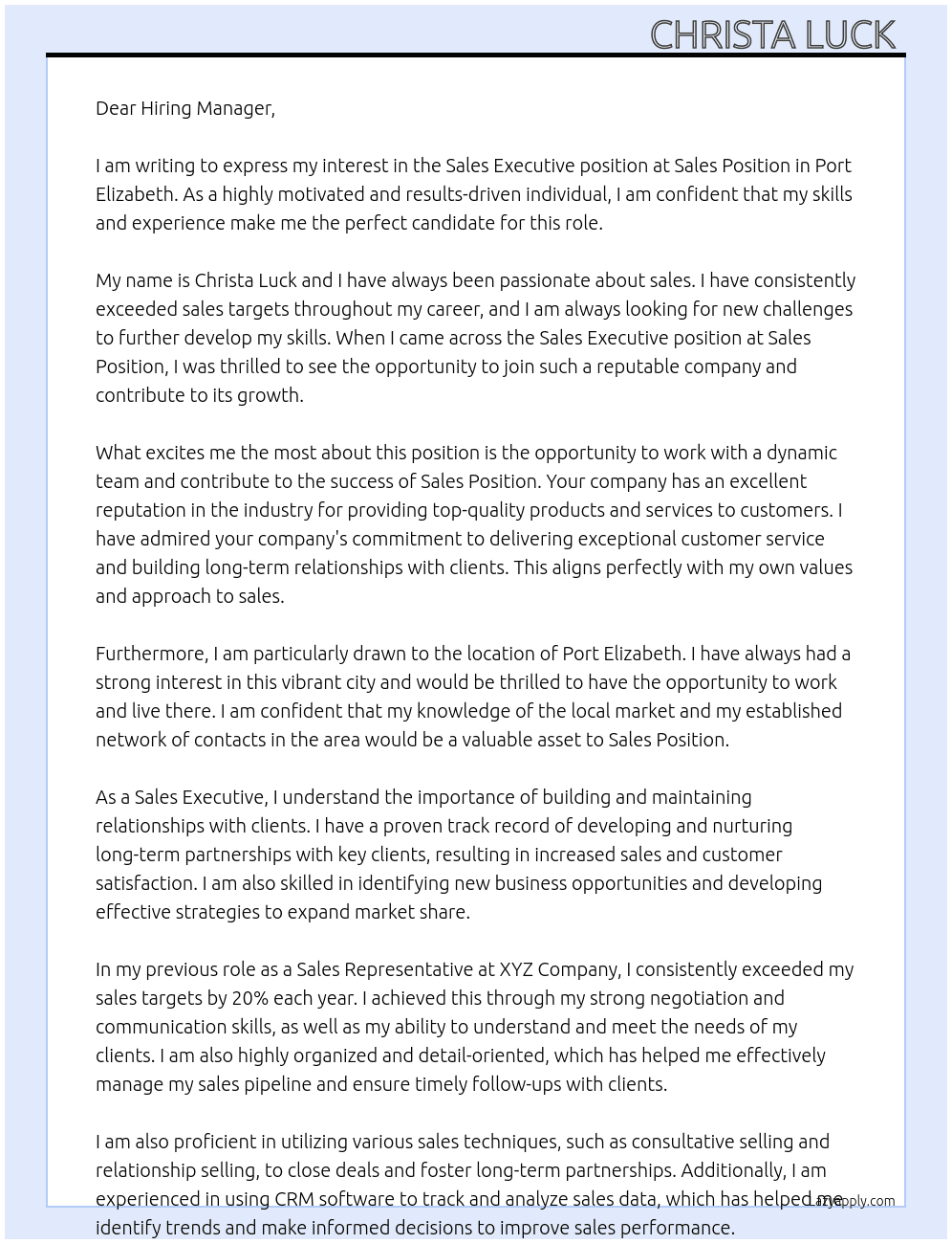 Sales Executive  At Sales Position  Cover Letter
