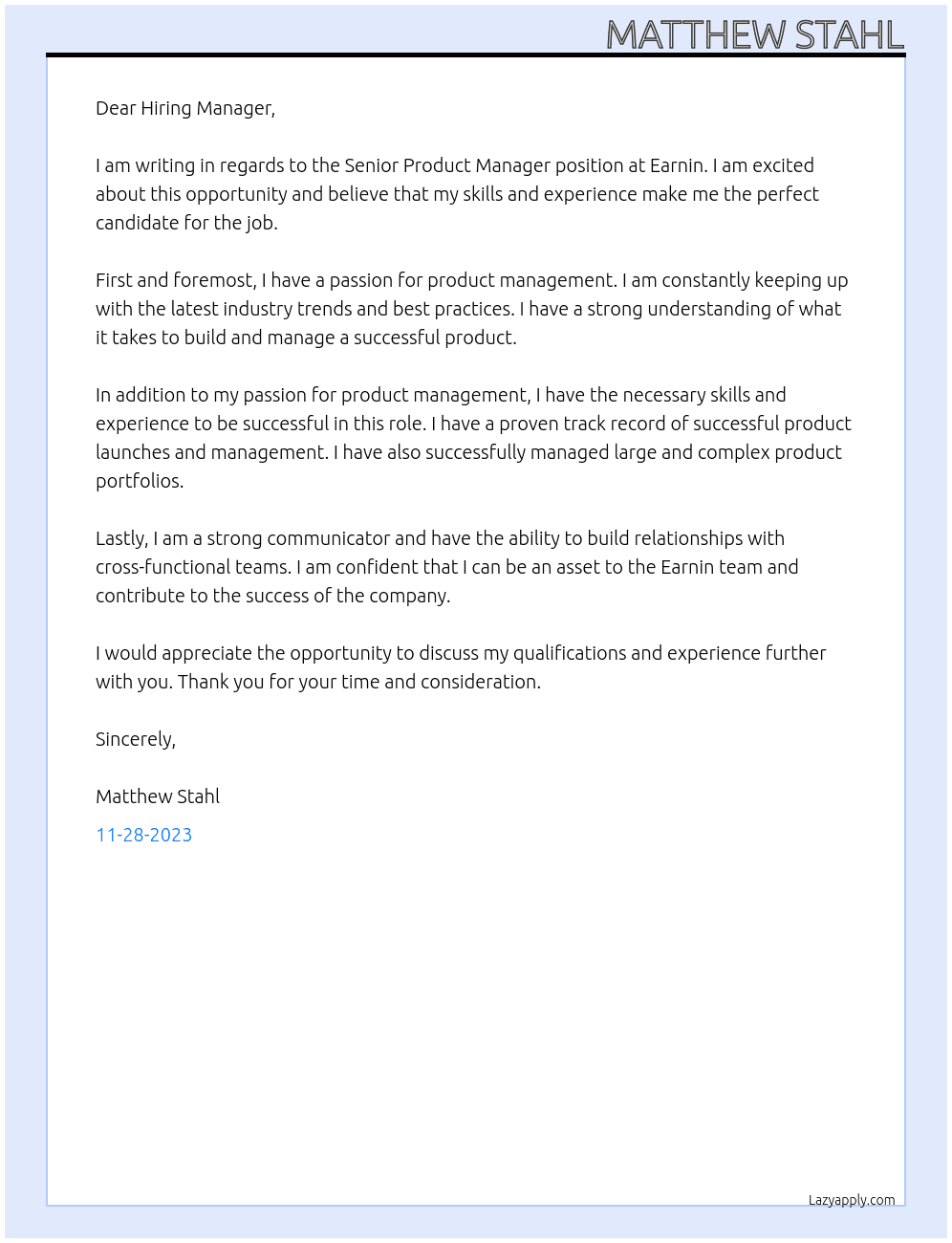 Senior Product Manager At Earnin Cover Letter