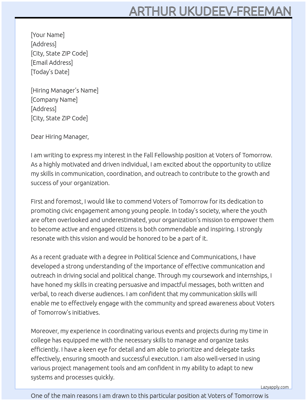 Fall Fellowship At Voters of Tomorrow Cover Letter