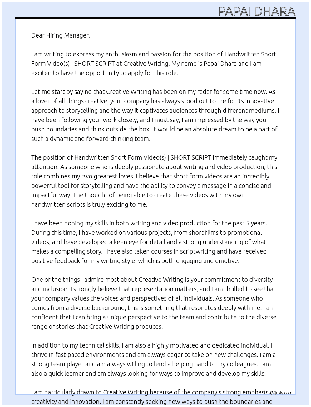 Handwritten short form video(‘s). | SHORT SCRIPT At Creative Writing  Cover Letter