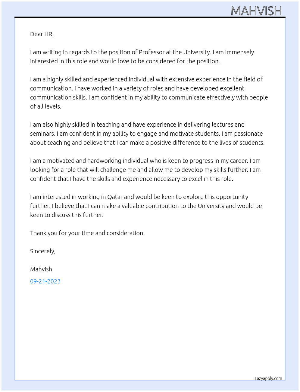 PROFESSOR At UNIVERSITY  Cover Letter