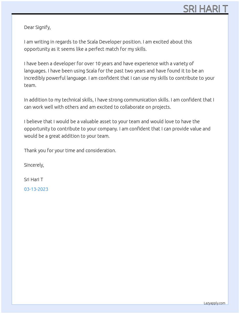 Scala Developer At Signify Cover Letter