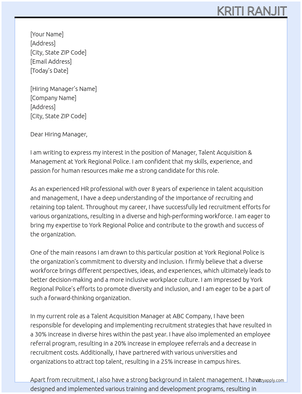 Manager, Talent Acquisition & Management At York Regional Police Cover Letter