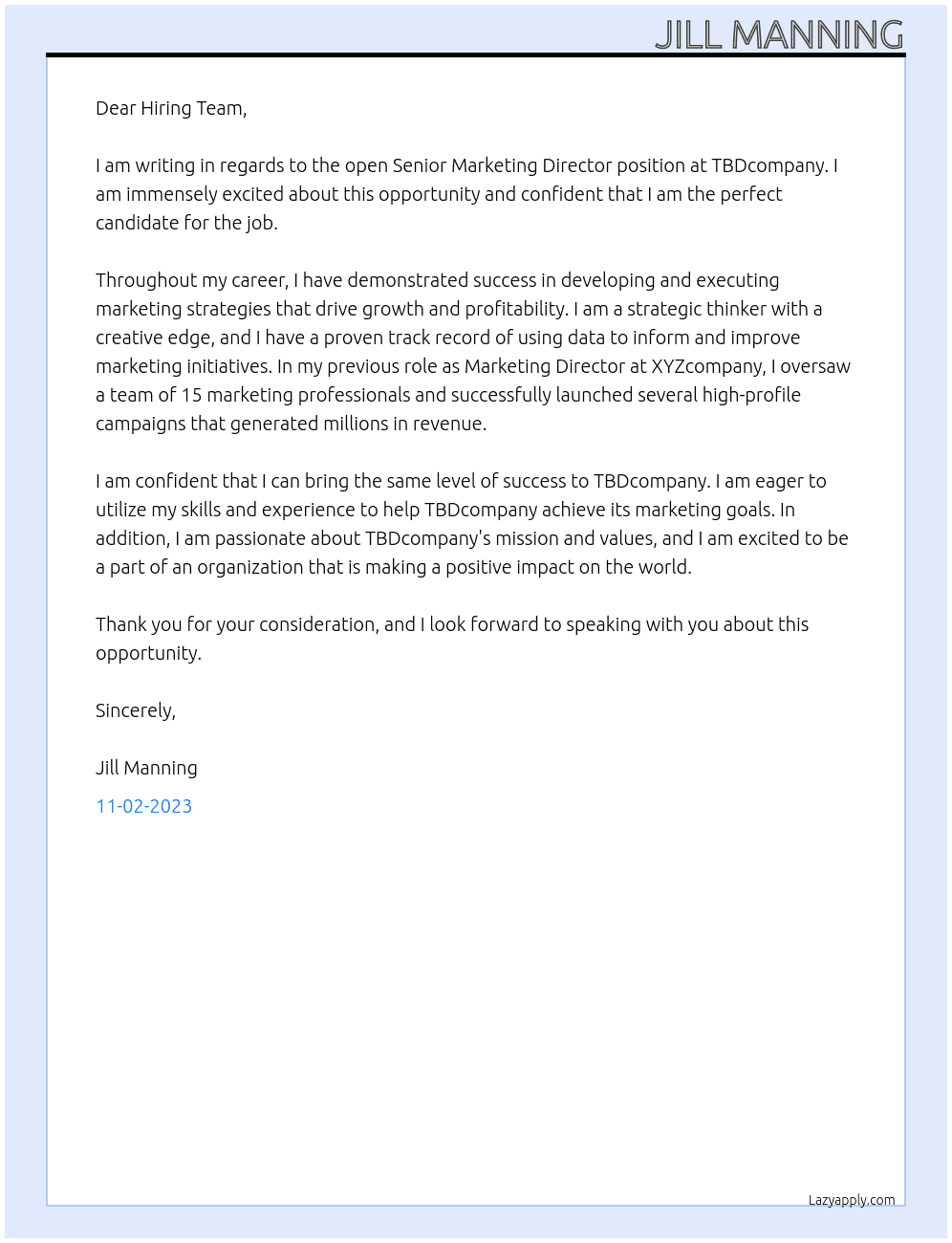 Senior Marketing Director At TBDcompany Cover Letter