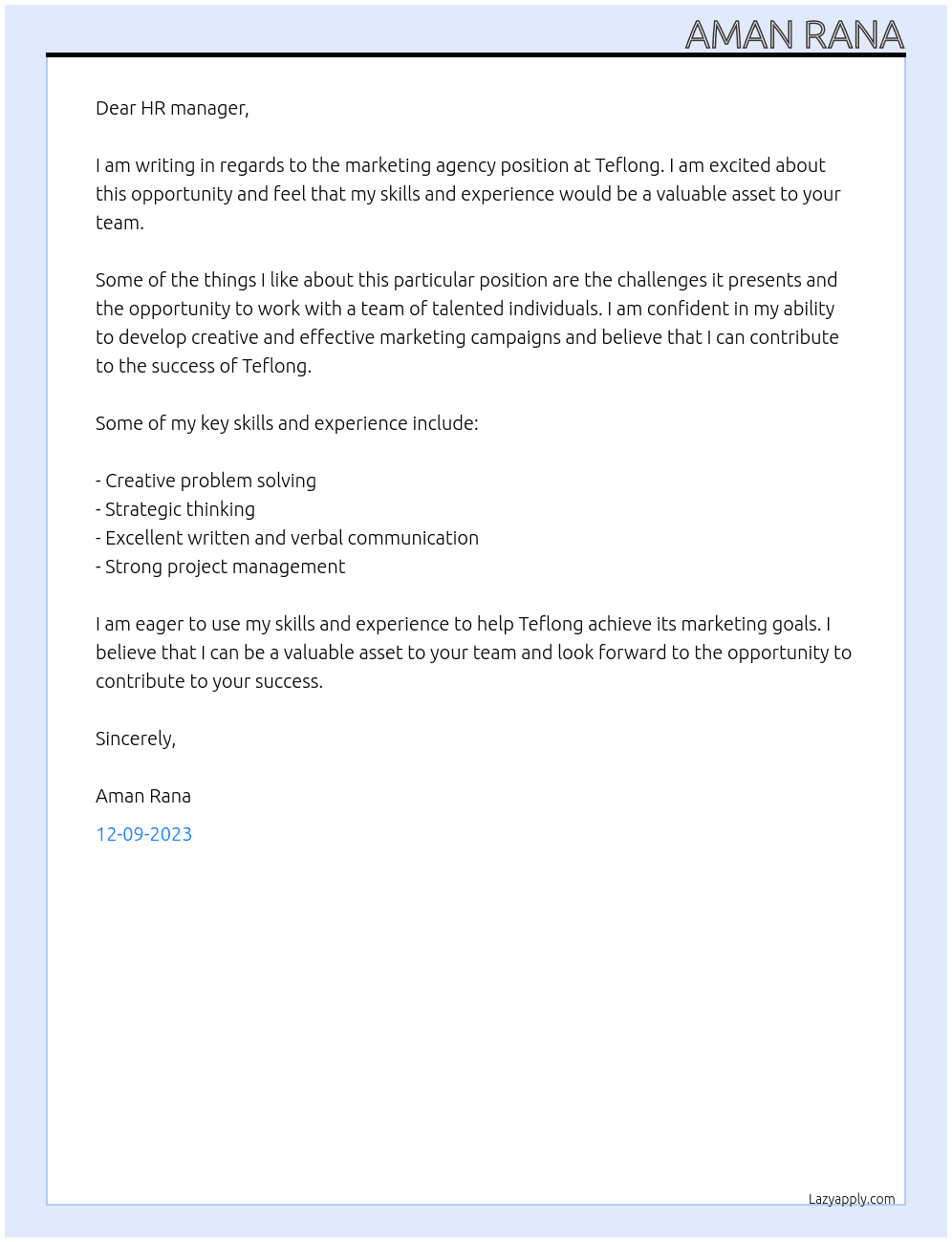 Marketing agency  At Teflong  Cover Letter