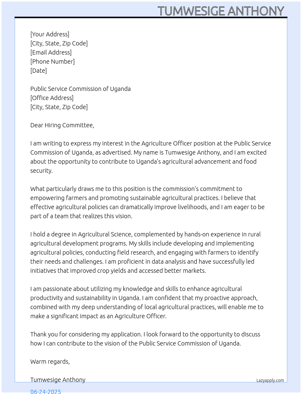 Agriculture officer  At Public service commission of Uganda  Cover Letter