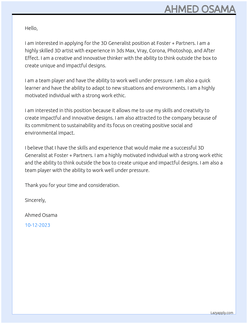 3D Generalist At Foster + Partners Cover Letter