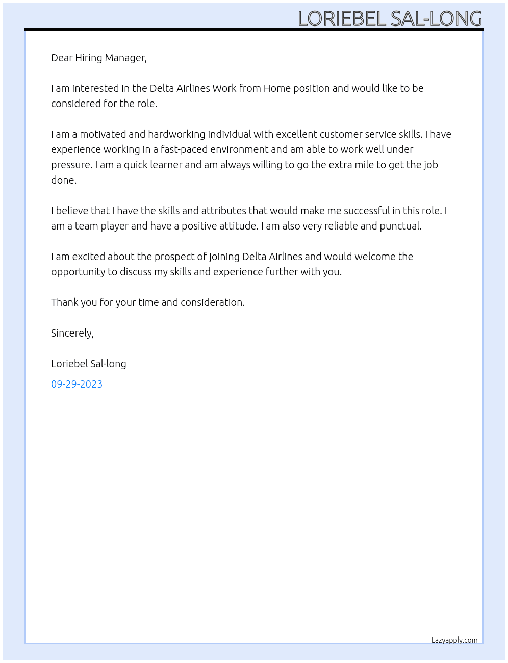 Cover letter for delta airlines work from home - LazyApply