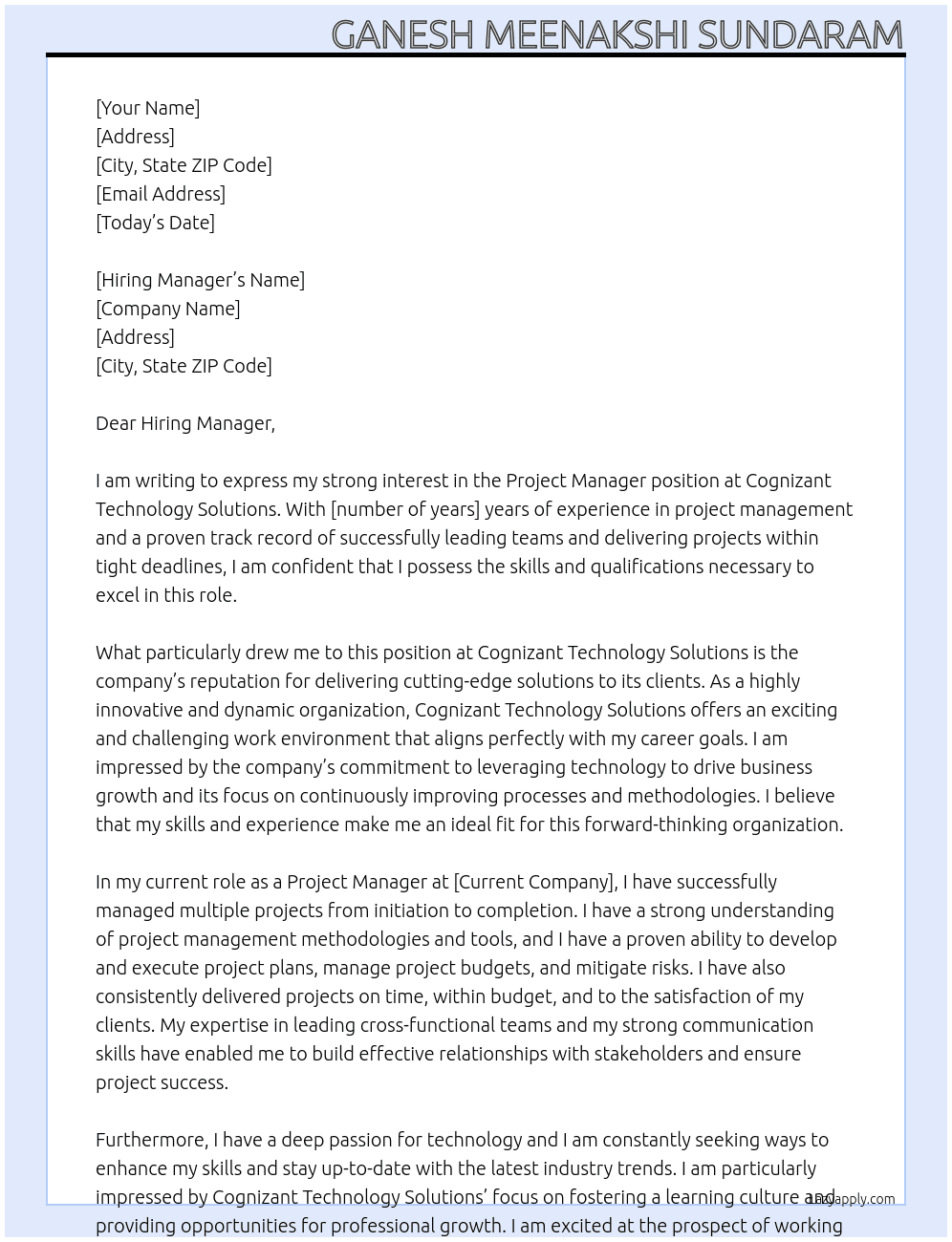Project Manager At Cognizant Technology Solutions Cover Letter