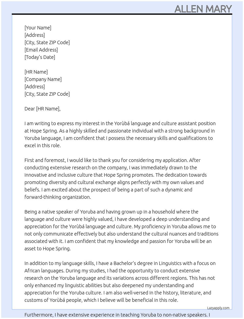 Yorùbá language and culture assistant  At Hope spring  Cover Letter