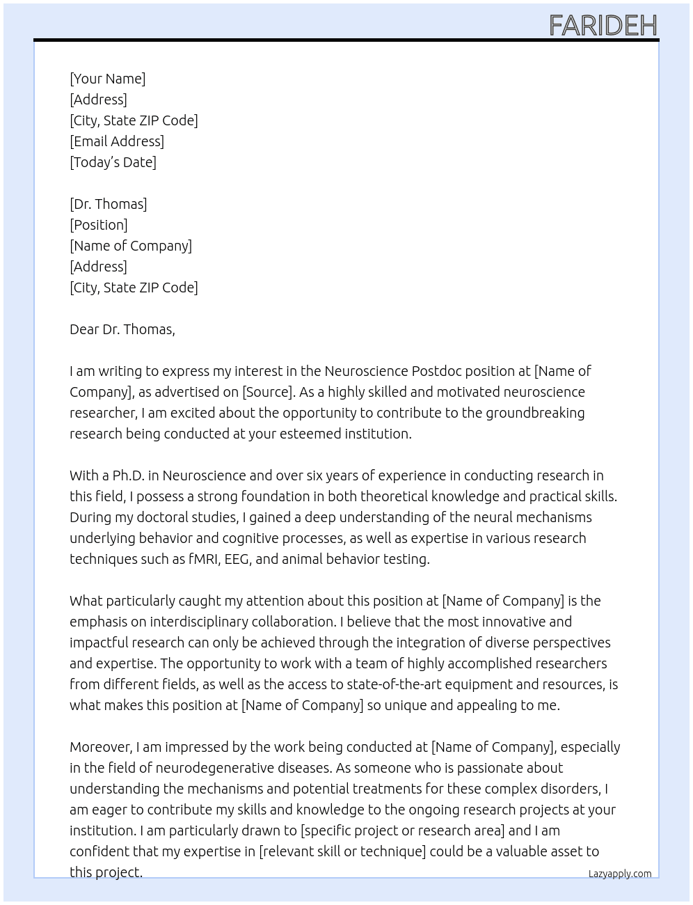 Neuroscience postdoc At universty Cover Letter
