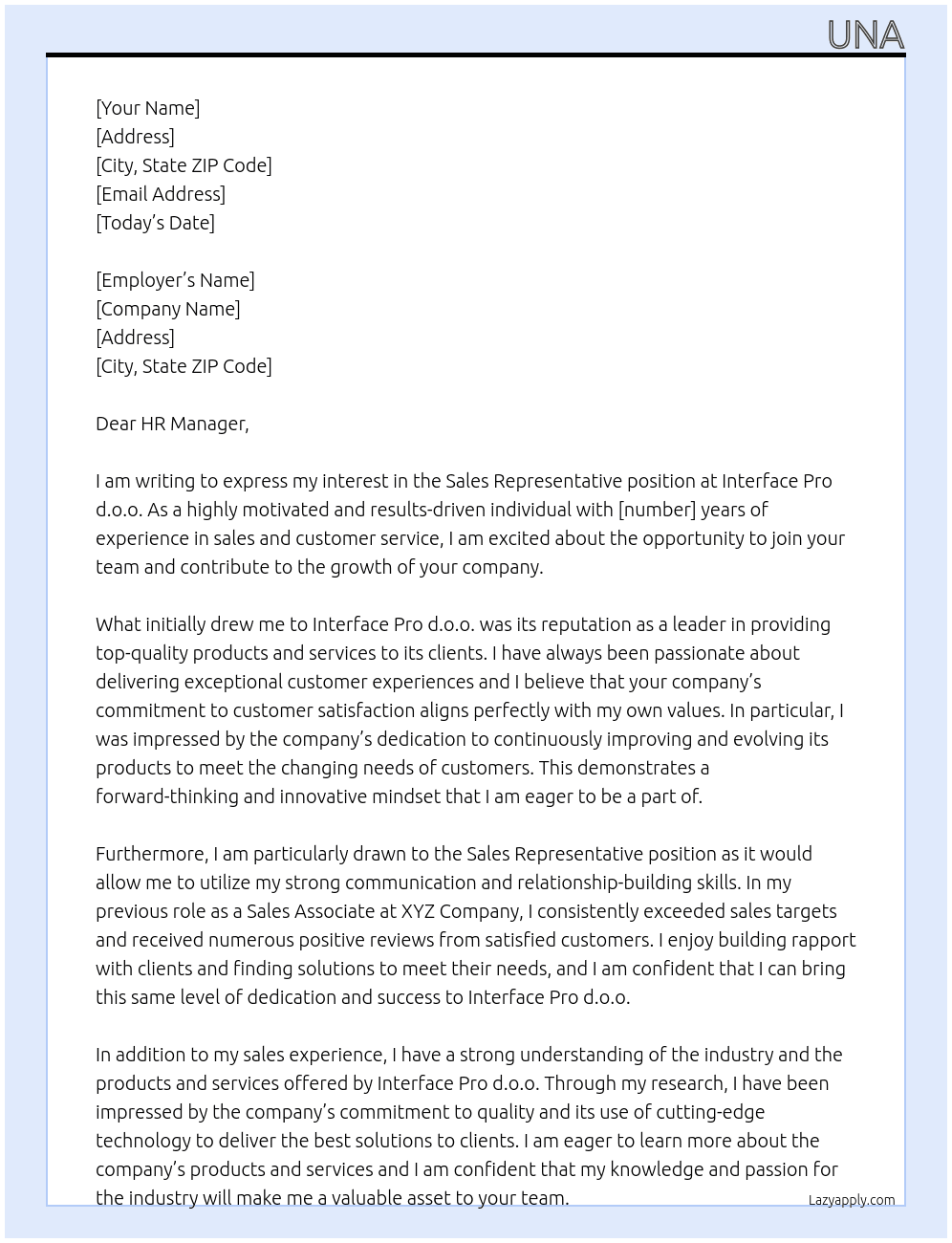 sales representative At Interface Pro d.o.o. Cover Letter