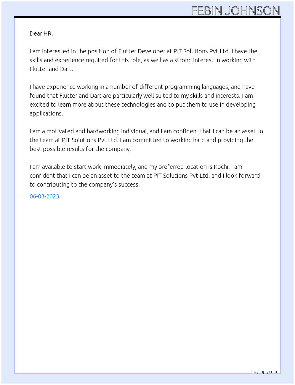 Flutter Developer At PIT Solutions Pvt Ltd Cover Letter