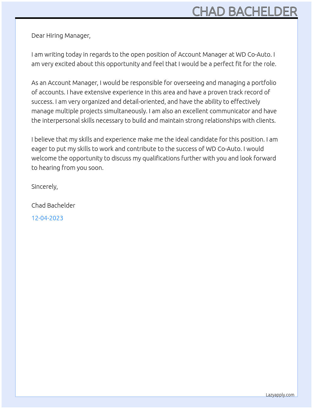 Account Manager At WD Co-Auto Cover Letter