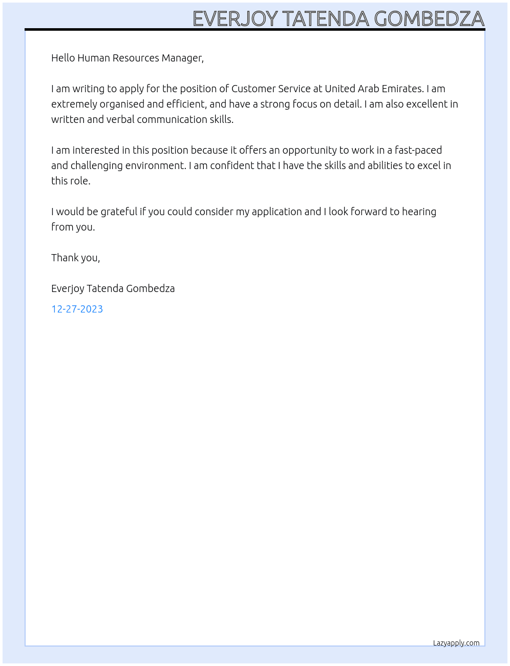 Customer Service At United Arab Emirates Cover Letter