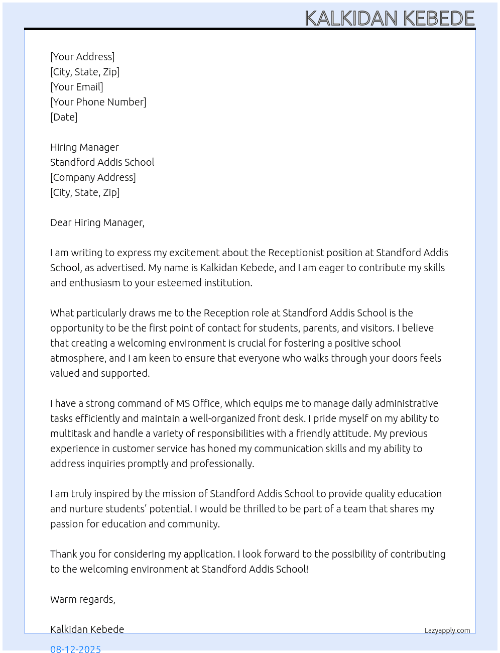 Cover letter for reception - LazyApply