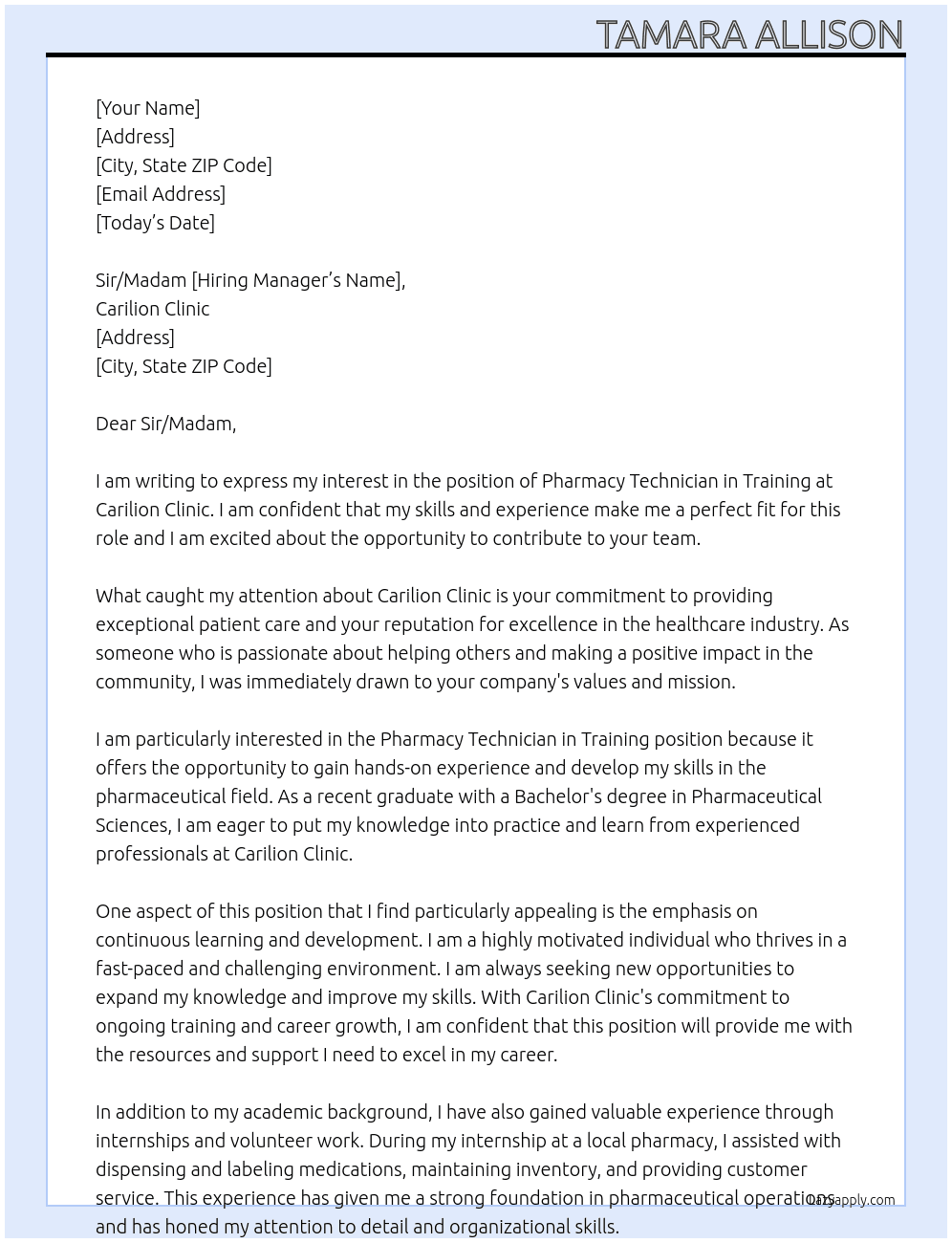 Pharmacy Technician in Training At Carilion Clinic Cover Letter
