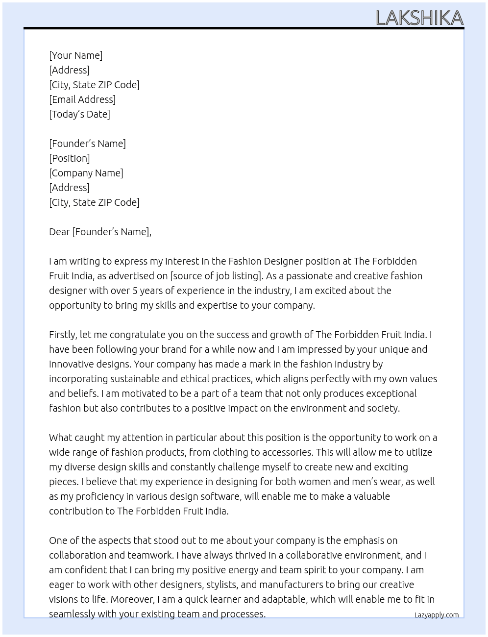 Fashion designer At the forbidden fruit india Cover Letter
