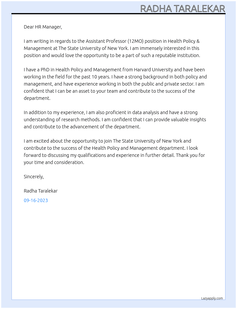Assistant Professor (12MO), Health Policy & Management  At The State University of New York Cover Letter