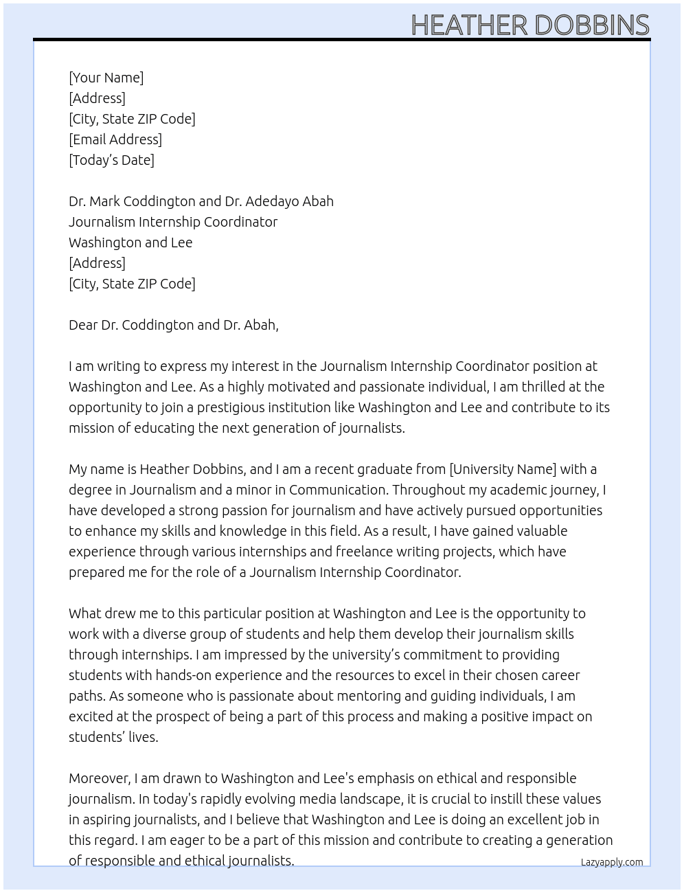 Journalism Internship Coordinator At Washington and Lee Cover Letter