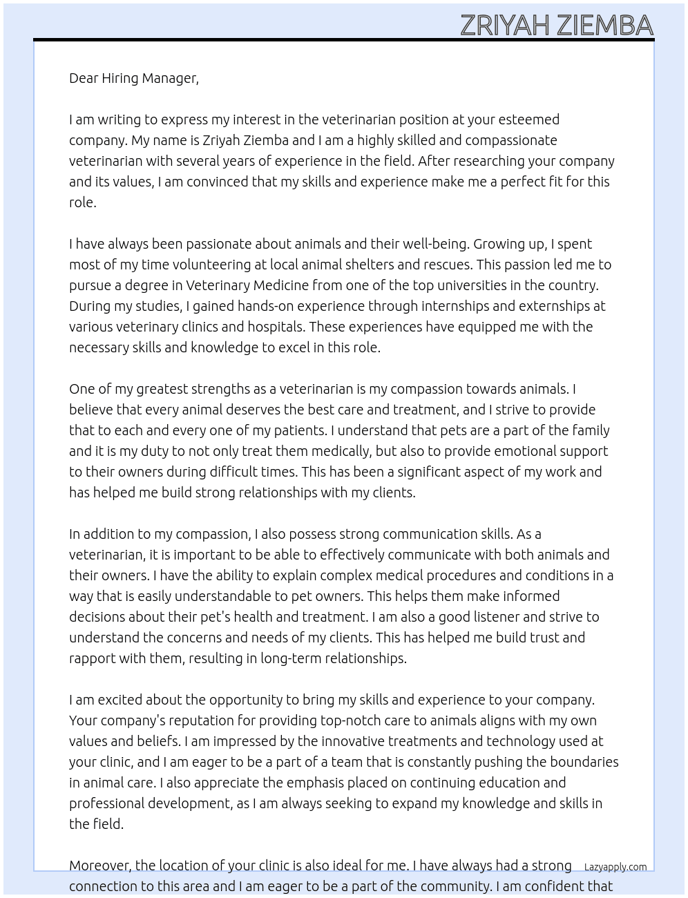 veterinarian  At . Cover Letter