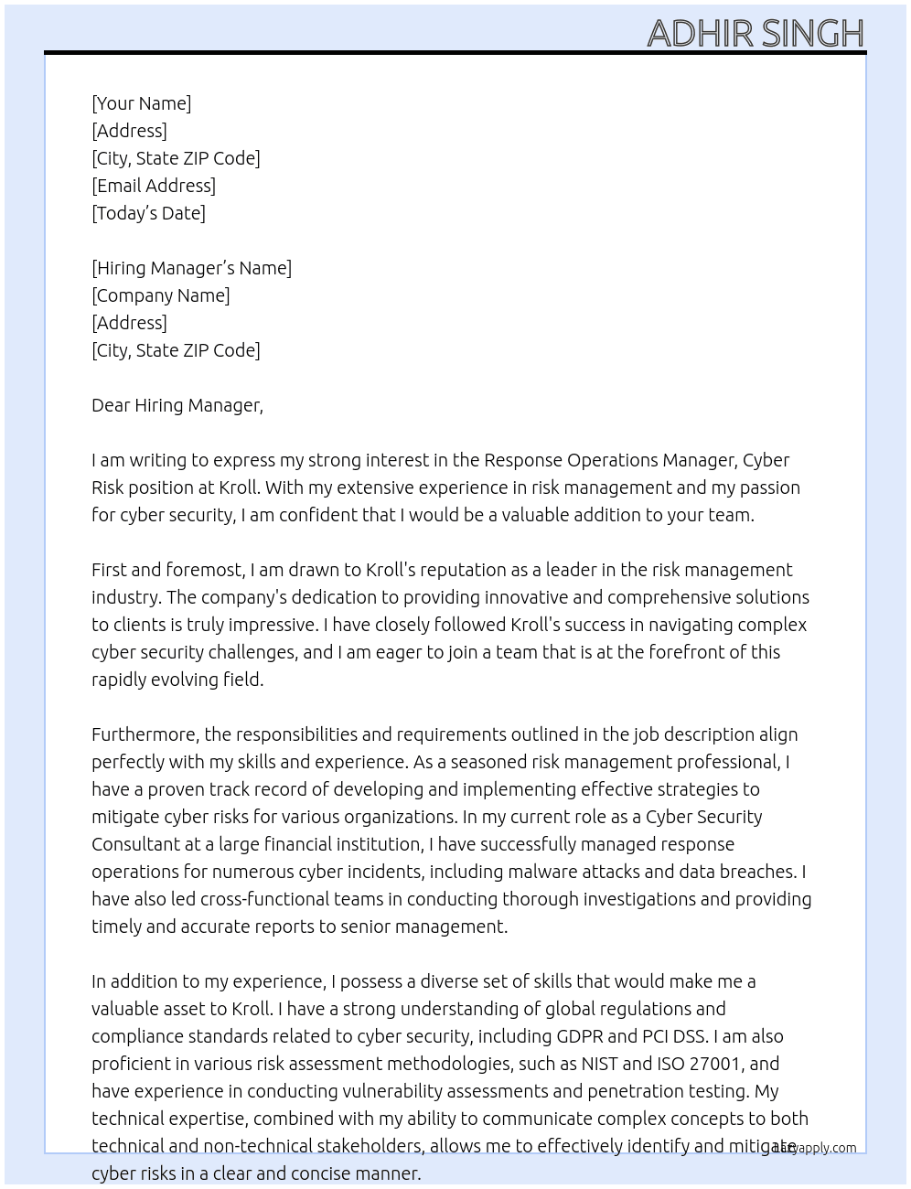 Cover letter for response operations manager, cyber risk - LazyApply