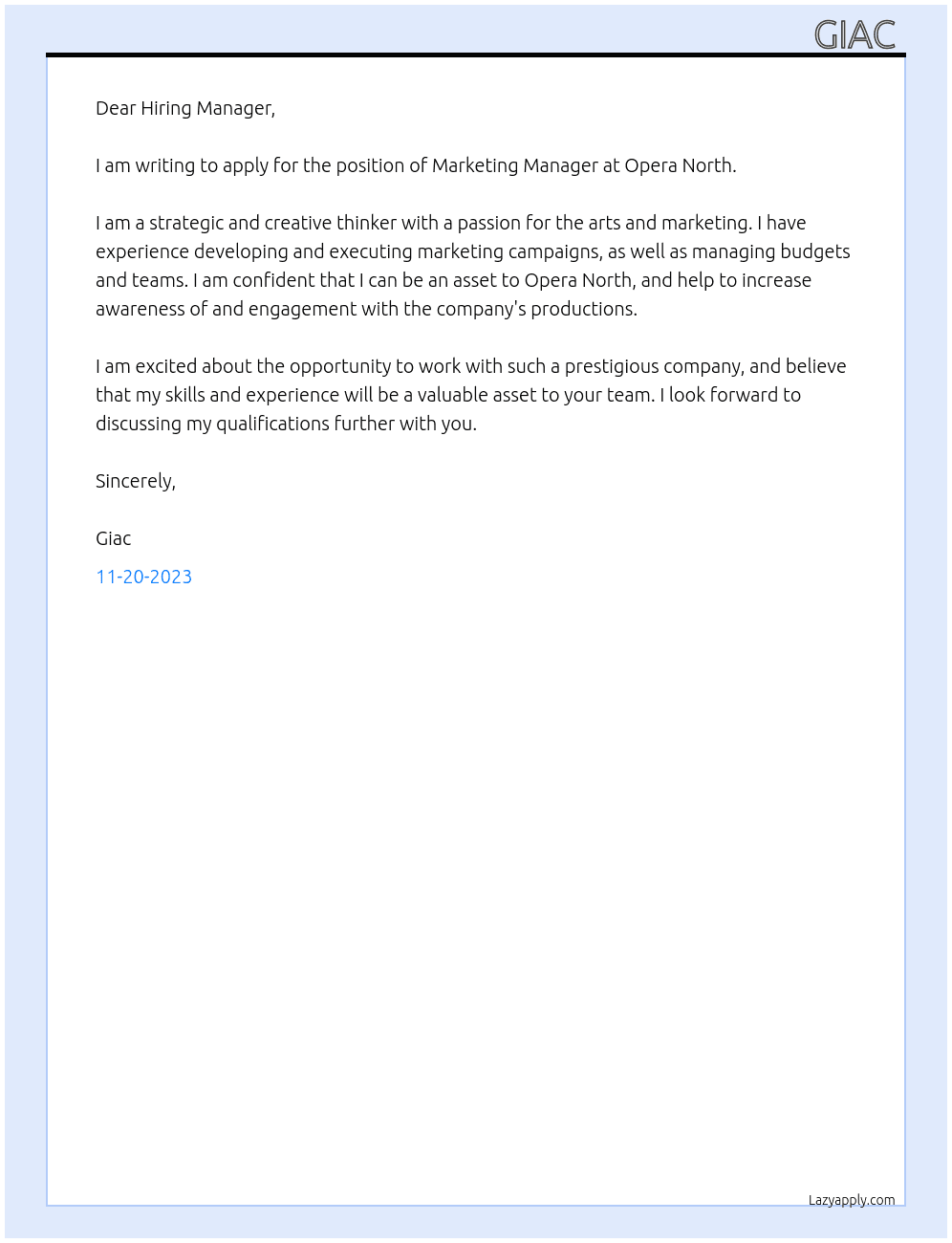 Marketing Manager At Opera North Cover Letter