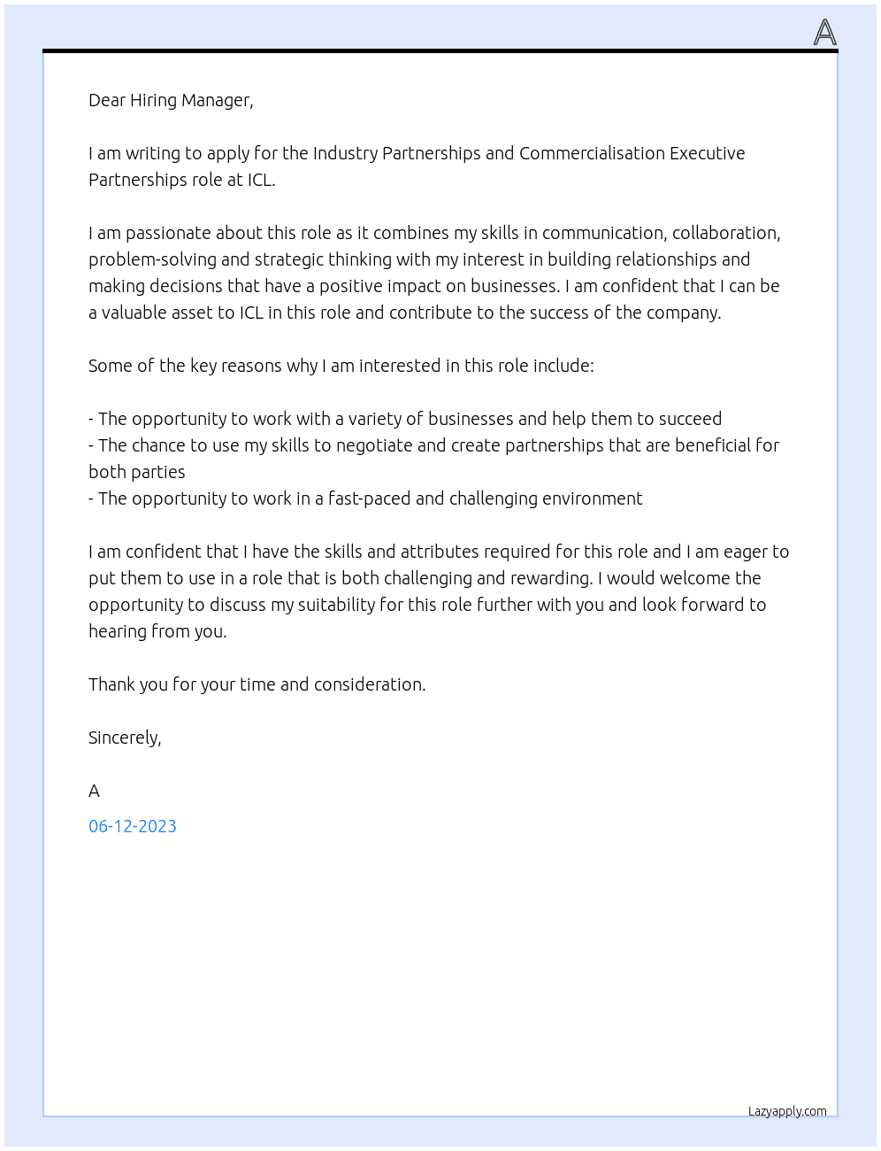 Industry Partnerships and Commercialisation Executive Partnerships At ICL Cover Letter