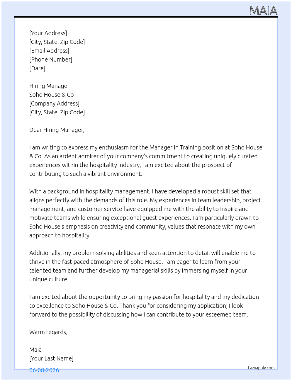 Cover letter for manager in training - LazyApply