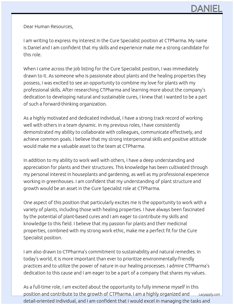 Cure Specialist At CTPharma Cover Letter