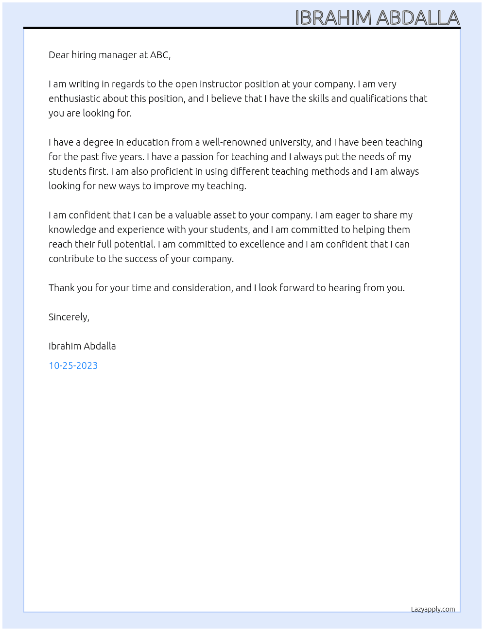 Instructor At ABC Cover Letter