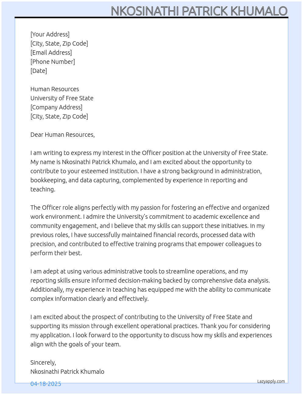 officer  At University of free state Cover Letter