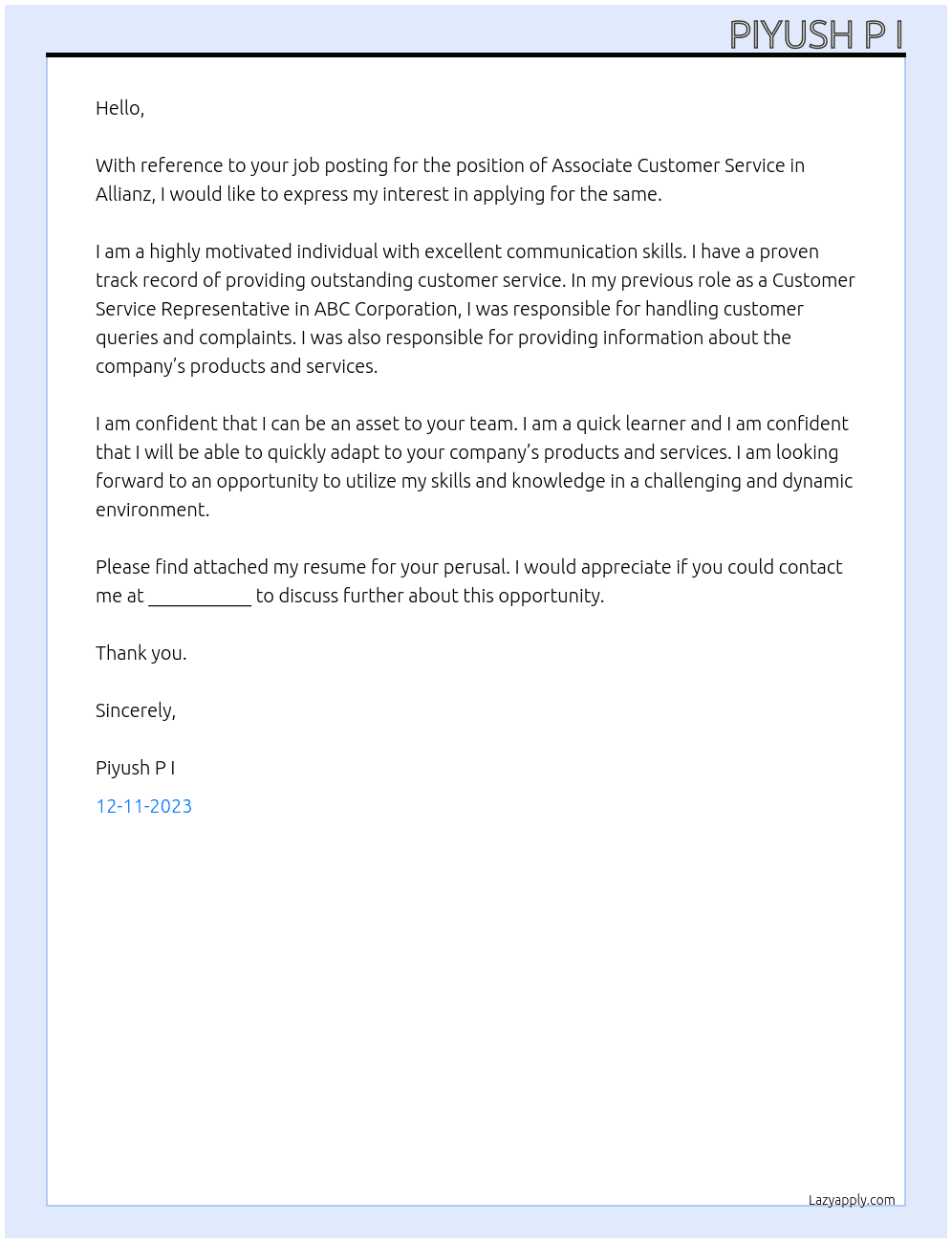 Associate Customer Service At Allianz  Cover Letter