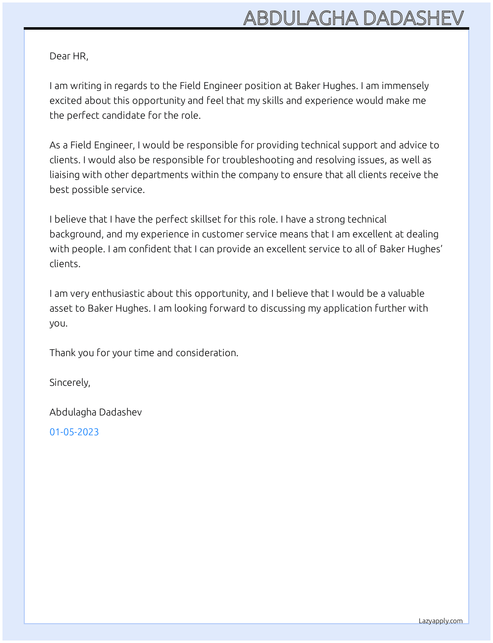 Field engineer At Baker Hughes Cover Letter