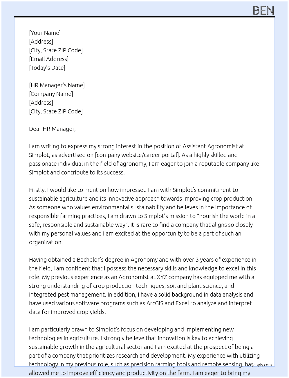 Assistant Agronomist At Simplot Cover Letter